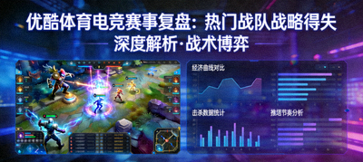 优酷体育电竞赛事复盘热门战队战略得失封面，游戏画面与数据图表，展示战队战略与版本Meta解读