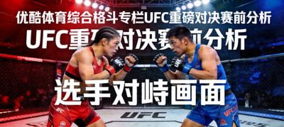 优酷体育综合格斗专栏UFC重磅对决赛前分析封面，选手对峙画面与八角笼，展示赛前技术分析与预测